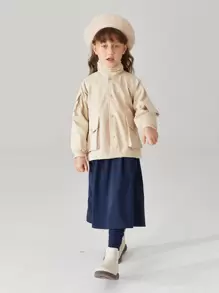 Toddler Girl Jackets Túi Nút phía trước màu trơn Giải trí - Màu Khaki - Xem 3