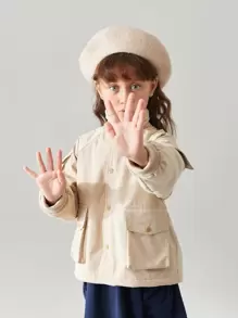 Toddler Girl Jackets Túi Nút phía trước màu trơn Giải trí - Màu Khaki - Xem 5