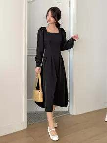 DAZY 方領燈籠袖褶皺細節裝飾裙 - 黑色 - 查看 2