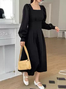 DAZY 方領燈籠袖褶皺細節裝飾裙 - 黑色 - 查看 4