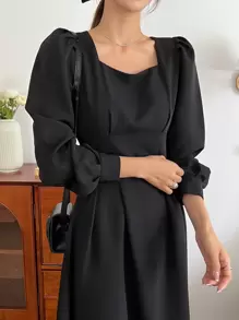 DAZY 方領燈籠袖褶皺細節裝飾裙 - 黑色 - 查看 5