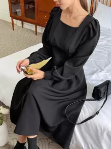 DAZY 方領燈籠袖褶皺細節裝飾裙 - 黑色 - 查看 7