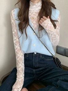 Lace Floral Sheer Top Without Vest - White - View 4