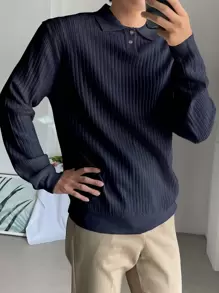 DAZY 男士Polo領條紋針織套頭毛衣 - 藏蓝色 - 查看 4