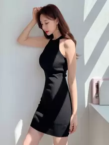DAZY Chất rắn Dây Váy bodycon - màu đen - Xem 5