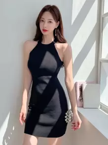 DAZY Chất rắn Dây Váy bodycon - màu đen - Xem 1