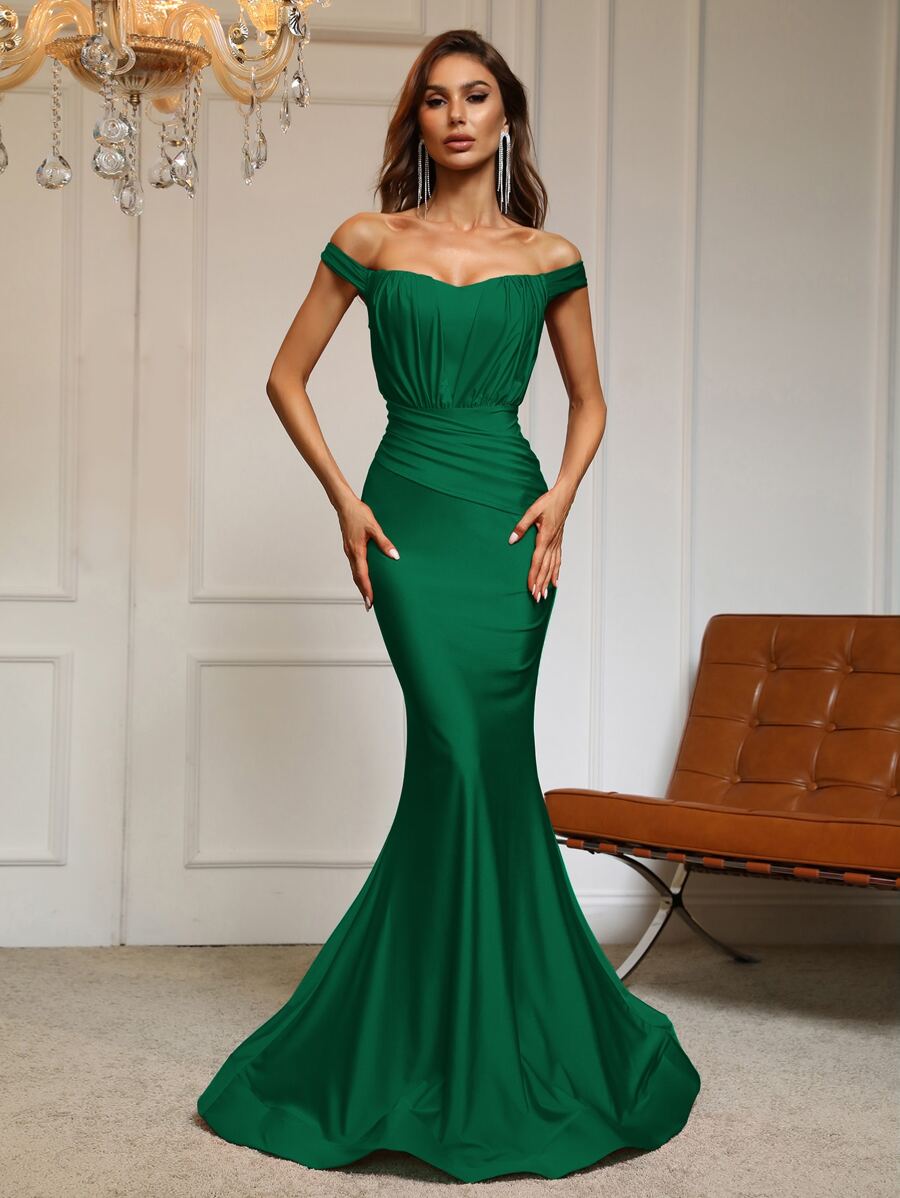 Off Shoulder Mermaid Hem Prom Dress - Dark Green - View 1