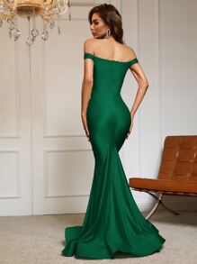 Off Shoulder Mermaid Hem Prom Dress - Dark Green - View 2