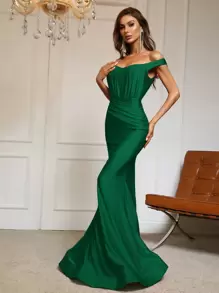 Off Shoulder Mermaid Hem Prom Dress - Dark Green - View 3