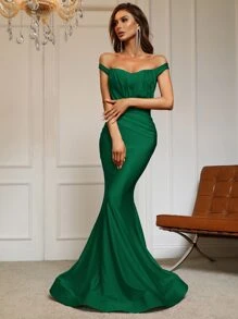 Off Shoulder Mermaid Hem Prom Dress - Dark Green - View 6