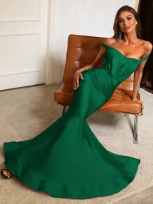 Off Shoulder Mermaid Hem Prom Dress - Dark Green - View 7