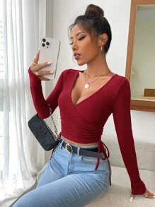 Firerie 素色圍裹側繫帶短款T恤 - 酒紅色 - 查看 5