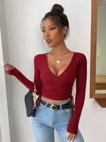 Firerie 素色圍裹側繫帶短款T恤 - 酒紅色 - 查看 7