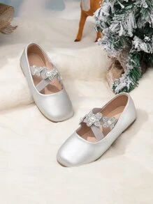 Girls Metallic Faux Pearl & Butterfly Decor Ballet Flats - Silver - View 1