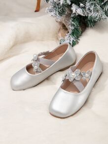 Girls Metallic Faux Pearl & Butterfly Decor Ballet Flats - Silver - View 2