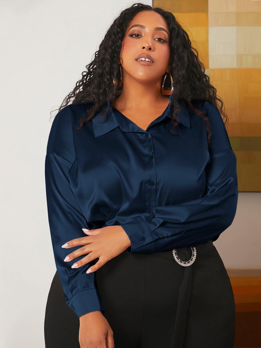 SHEIN CURVE+ Plus Solid Button Up Shirt - Navy Blue - View 1