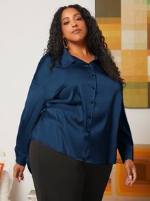 SHEIN CURVE+ Plus Solid Button Up Shirt - Navy Blue - View 4