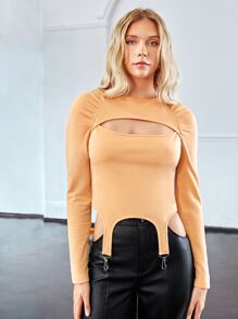 LUSINE BONFIELD 设计师女款褶皱插肩袖镂空前部不对称下摆 T 恤，秋季，适合秋冬季、假期、节日 - 橘色 - 查看 1