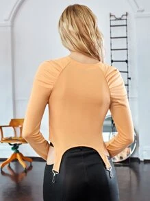 LUSINE BONFIELD 设计师女款褶皱插肩袖镂空前部不对称下摆 T 恤，秋季，适合秋冬季、假期、节日 - 橘色 - 查看 2