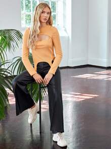 LUSINE BONFIELD 设计师女款褶皱插肩袖镂空前部不对称下摆 T 恤，秋季，适合秋冬季、假期、节日 - 橘色 - 查看 5