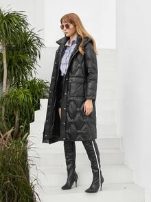 Flap Pocket Belted Hooded Padded Coat - Black - View 3