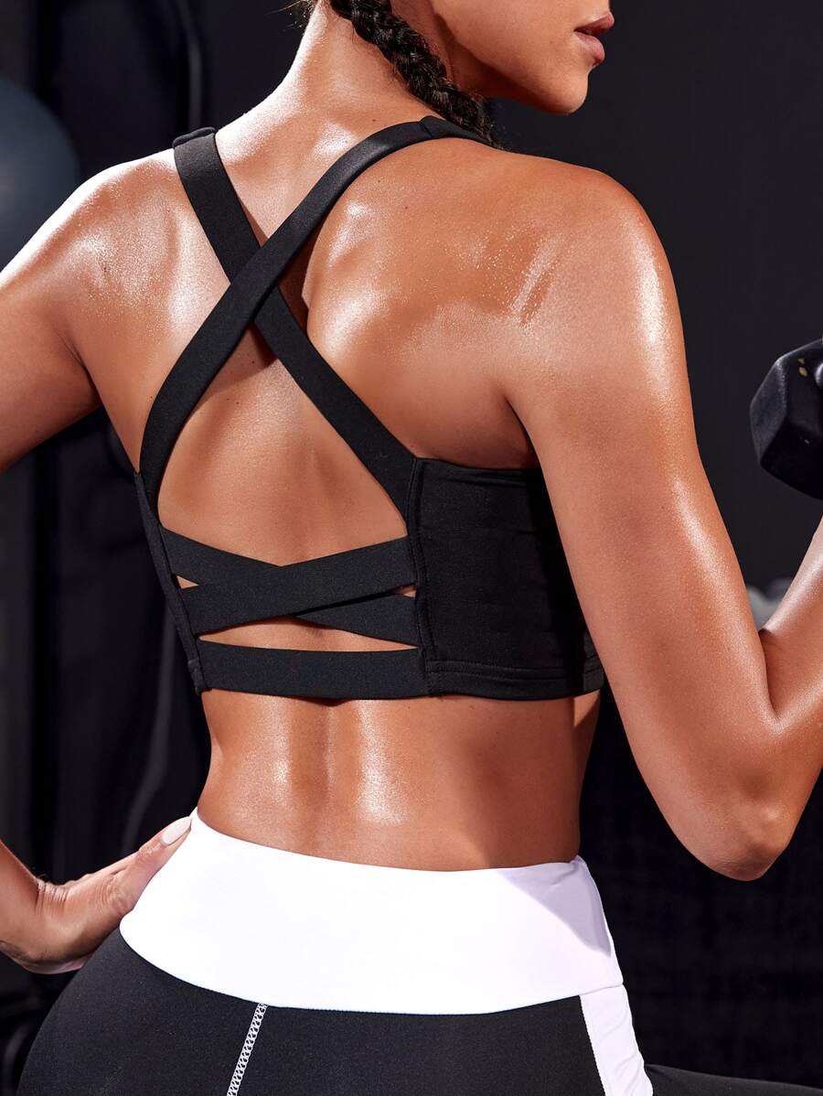 Gameset SHEIN Sport 輕度支撐後背十字交叉運動型文胸 - 黑色 - 查看 1