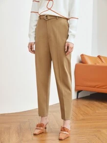 MOTF PREMIUM WOOL-MIX RING BUCKLE BELTED SUIT TROUSERS - Camel - View 6