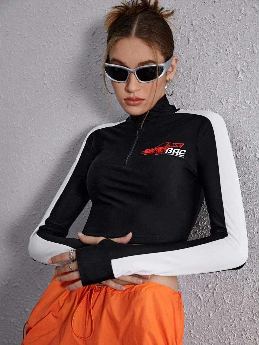 SHEIN EZwear Bikercore Áo phông Crop Đồ họa Chữ cái Dây kéo phía trước Hai âm - màu đen - Xem 1
