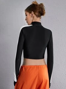 SHEIN EZwear Bikercore Áo phông Crop Đồ họa Chữ cái Dây kéo phía trước Hai âm - màu đen - Xem 2