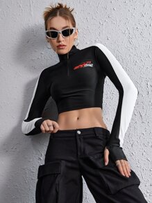 SHEIN EZwear Bikercore Áo phông Crop Đồ họa Chữ cái Dây kéo phía trước Hai âm - màu đen - Xem 4