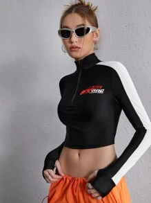 SHEIN EZwear Bikercore Áo phông Crop Đồ họa Chữ cái Dây kéo phía trước Hai âm - màu đen - Xem 7