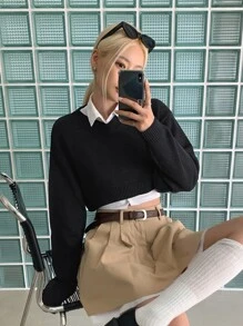 DAZY Áo len dệt kim hở vai không có áo cánh, quần áo mùa thu - màu đen - Xem 1