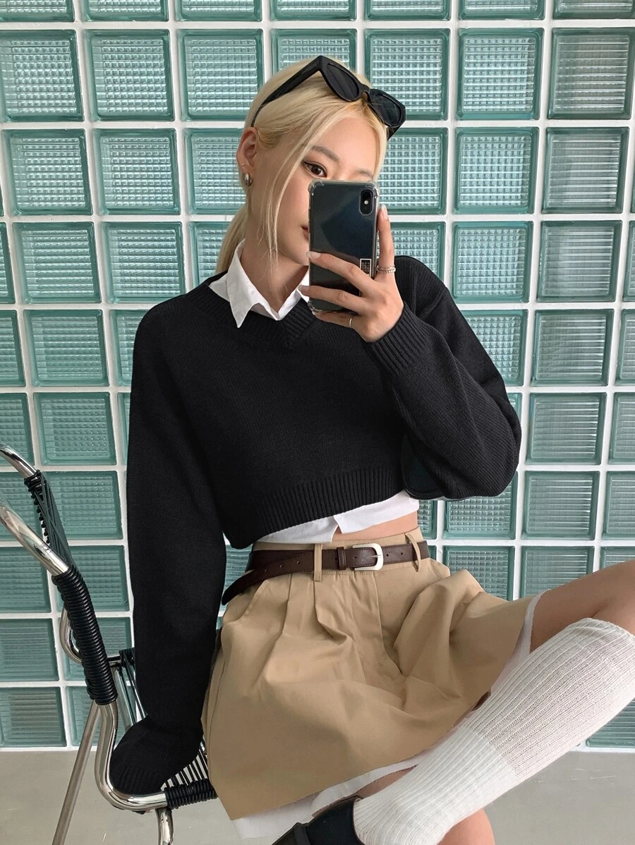 DAZY Áo len dệt kim hở vai không có áo cánh, quần áo mùa thu - màu đen - Xem 1