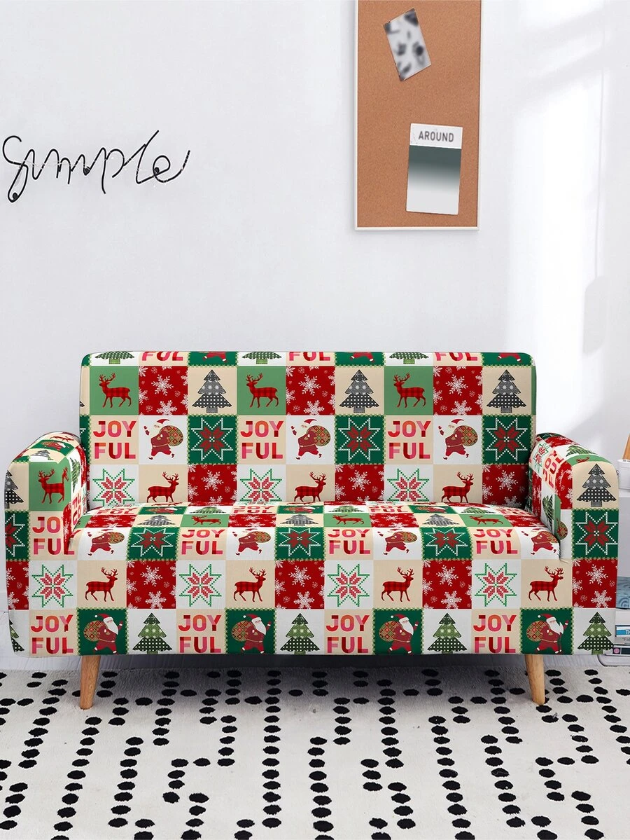 1pc Christmas Pattern Stretchy Sofa Slipcover - Multicolor - View 1
