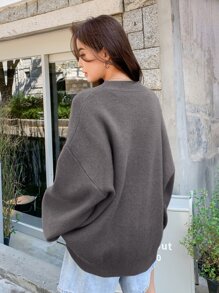 DAZY Solid Drop Shoulder Ribbed Knit Oversized Jumper - Dark Grey - View 2