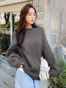 DAZY Solid Drop Shoulder Ribbed Knit Oversized Jumper - Dark Grey - View 3