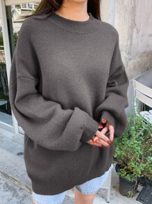 DAZY Solid Drop Shoulder Ribbed Knit Oversized Jumper - Dark Grey - View 4