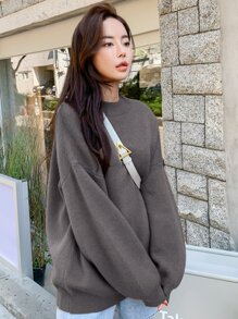 DAZY Solid Drop Shoulder Ribbed Knit Oversized Jumper - Dark Grey - View 5