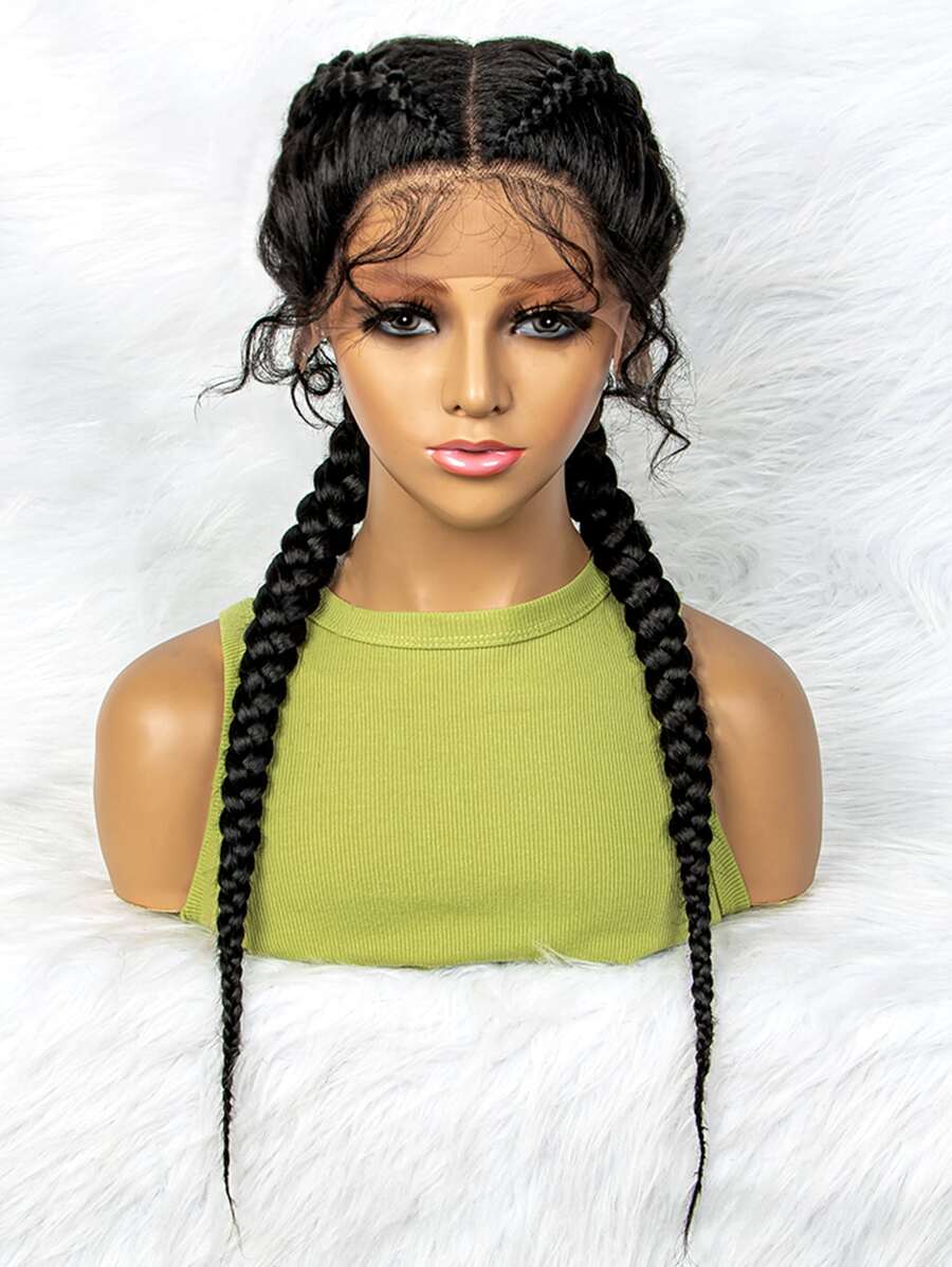 Lace Front Long Braided Synthetic Wig - Black - View 1