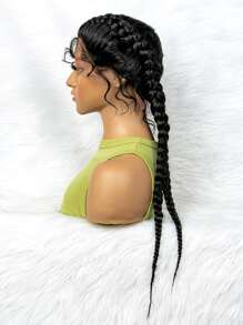 Lace Front Long Braided Synthetic Wig - Black - View 3