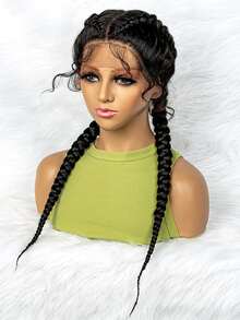 Lace Front Long Braided Synthetic Wig - Black - View 6