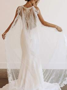 Floral Embroidered Faux Pearl Mesh Decor Wedding Wrap Fall Clothes For Women - White - View 1