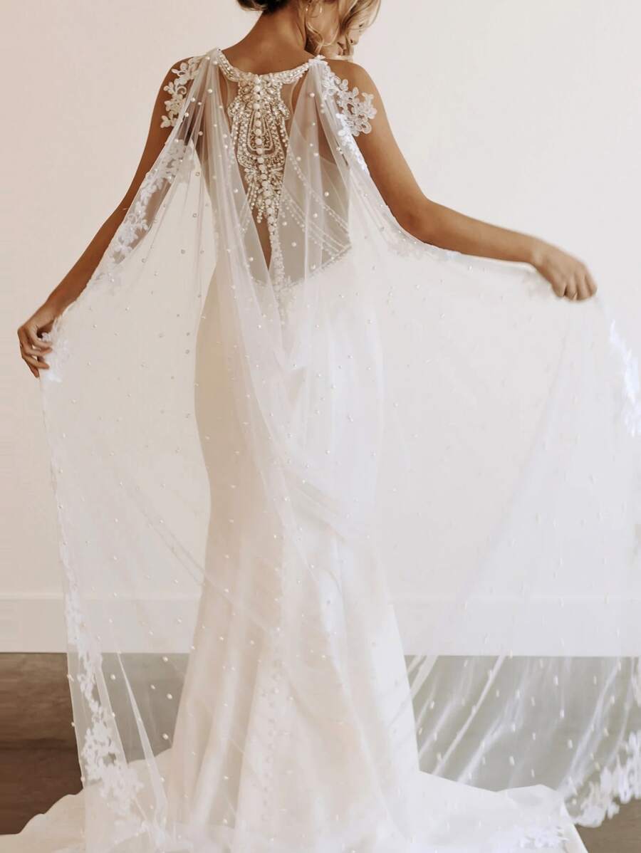 Floral Embroidered Faux Pearl Mesh Decor Wedding Wrap Fall Clothes For Women - White - View 1