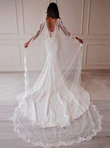 Floral Embroidered Faux Pearl Mesh Decor Wedding Wrap Fall Clothes For Women - White - View 2