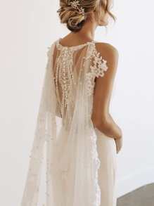 Floral Embroidered Faux Pearl Mesh Decor Wedding Wrap Fall Clothes For Women - White - View 3