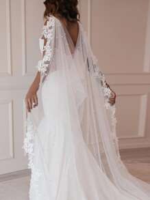 Floral Embroidered Faux Pearl Mesh Decor Wedding Wrap Fall Clothes For Women - White - View 5