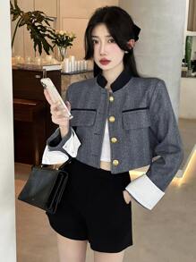 撞色滚边纽扣前襟短款大衣休闲款 - 灰色 - 查看 3