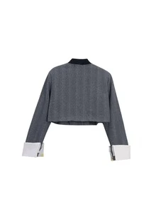 撞色滚边纽扣前襟短款大衣休闲款 - 灰色 - 查看 4