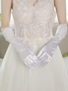 Guantes con encaje en contraste - Blanco - Ver 3