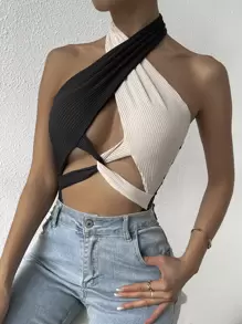 SHEIN Unity Two Tone Cut Out Twist Front Halter Neck Backless Bodysuit